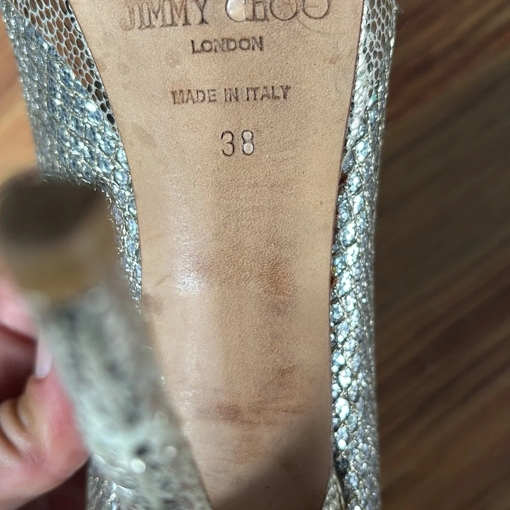 Jimmy Choo Peep Toe Luna Platform Pumps Heels Glitter Fabric Champagne 38/ 7.5 - Picture 4 of 14